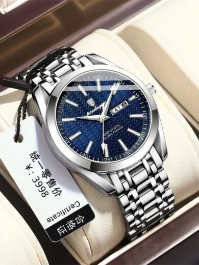 POEDAGAR Business Stainless Steel Calendar Night-Light Quartz Watch - Luxury Waterproof Men's Watch